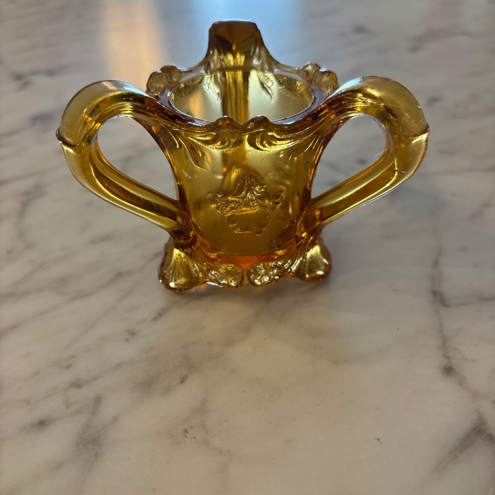 Vintage Kanawha Amber Carnival Glass Three Handled Toothpick Holder Marigold K
